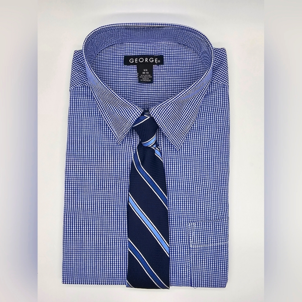 George Boys - Long- Sleeve Shirt & Clip-On Tie, Large 10-12, Blue